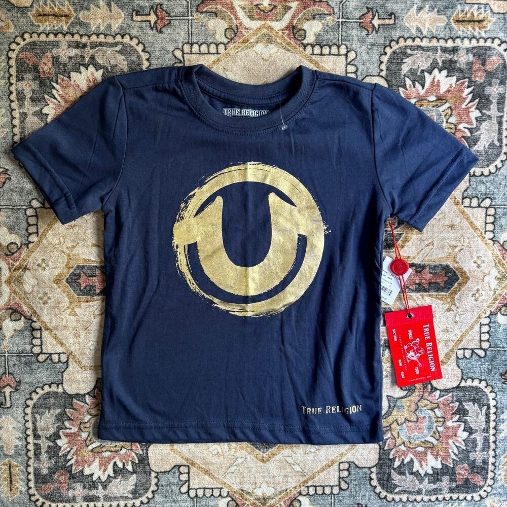 True Religion Kids Graphic Shirt NEW With Tags Size 5 Unisex Boys Girl Blue Gold